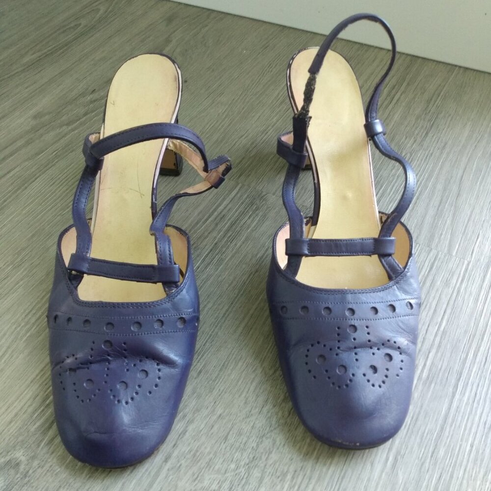 Vintage Purple Strappy Shoes Size 9 Closed Toe Heels Pumps Retro Slingbacks